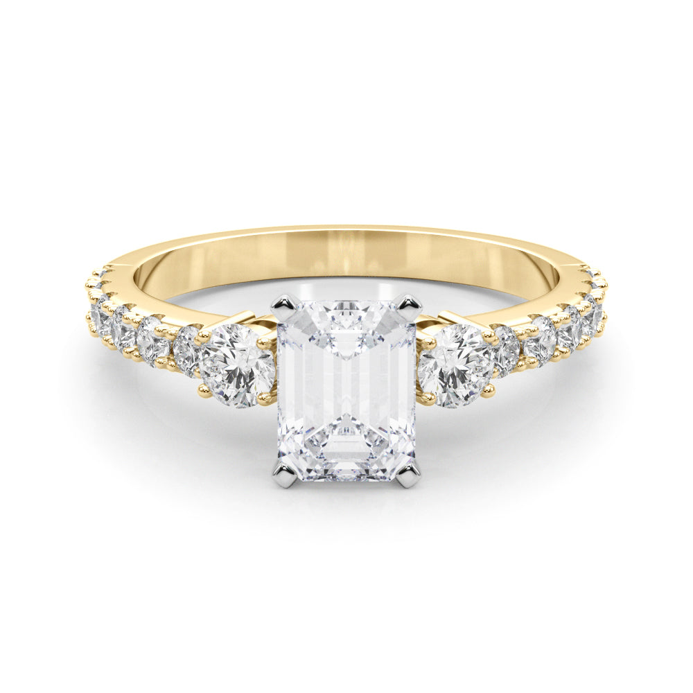 Yellow gold Radiant Cut Three-Stone Diamond Pavé Band with Prong Setting