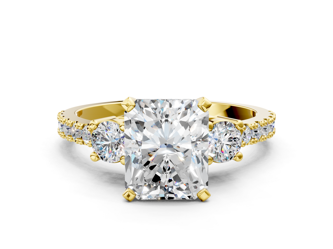 Yellow gold Radiant Cut Three-Stone Diamond Pavé Band with Prong Setting_23