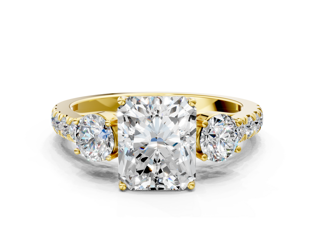 Yellow gold Radiant Cut Three-Stone Diamond Pave Band with Prong Setting_88