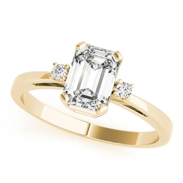 Yellow gold Radiant Cut Three-Stone Solitaire Ring with Round Accent Diamonds and Four-Prong Setting 1