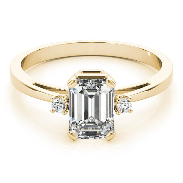 Yellow gold Radiant Cut Three-Stone Solitaire Ring with Round Accent Diamonds and Four-Prong Setting 2