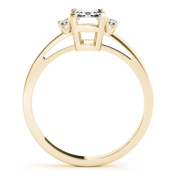 Yellow gold Radiant Cut Three-Stone Solitaire Ring with Round Accent Diamonds and Four-Prong Setting