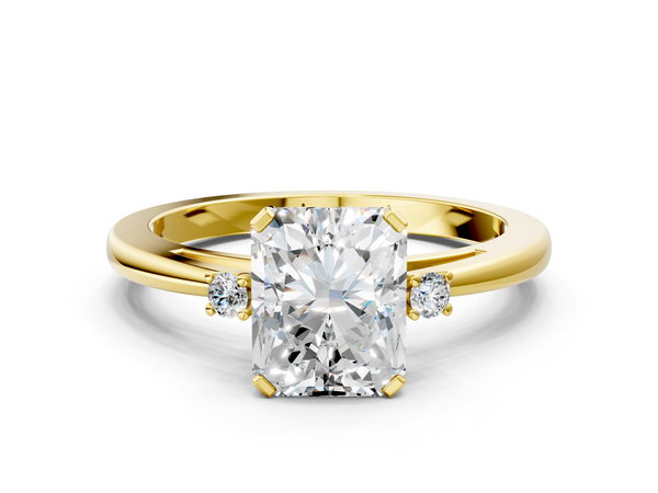 Yellow gold Radiant Cut Three-Stone Solitaire Ring with Round Accent Diamonds and Four-Prong Setting