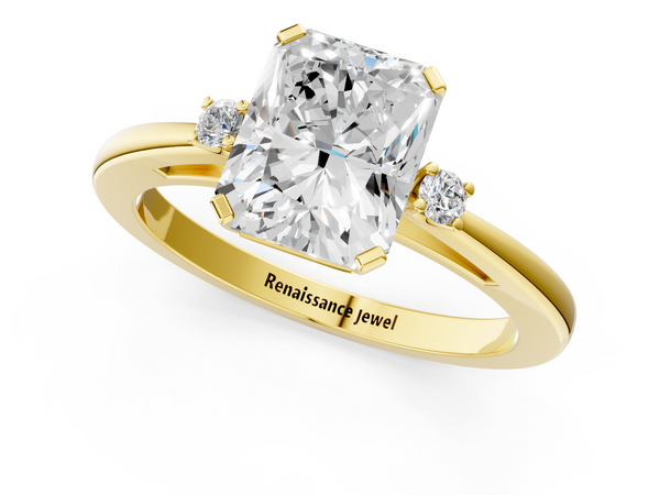 Yellow gold Radiant Cut Three-Stone Solitaire Ring with Round Accent Diamonds and Four-Prong Setting