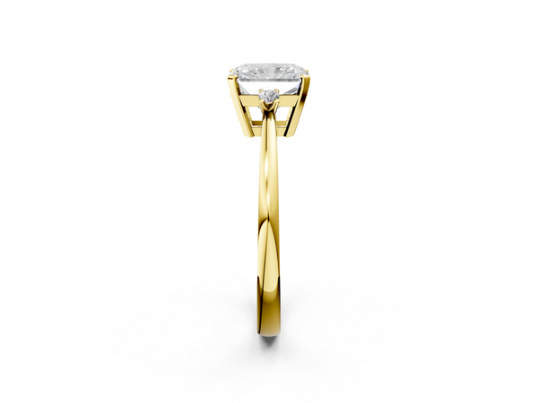 Yellow gold Radiant Cut Three-Stone Solitaire Ring with Round Accent Diamonds and Four-Prong Setting