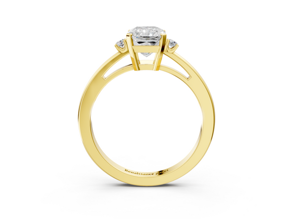 Yellow gold Radiant Cut Three-Stone Solitaire Ring with Round Accent Diamonds and Four-Prong Setting