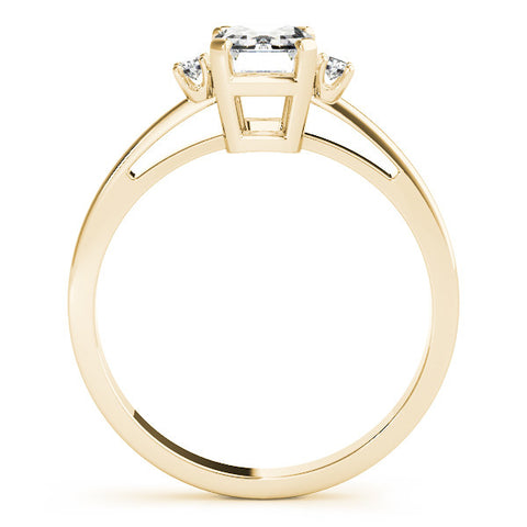 Yellow gold Radiant Cut Three-Stone Solitaire Ring with Round Accent Diamonds and Four-Prong Setting