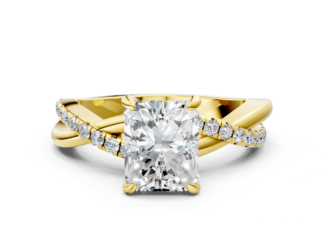 Yellow gold Radiant Cut Twist Band Solitaire Diamond Ring with Pavé Setting_15