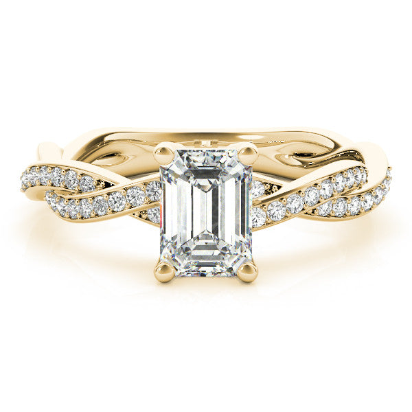 Yellow gold Radiant Cut Twisted Pavé Band Solitaire Ring with Four-Prong Setting