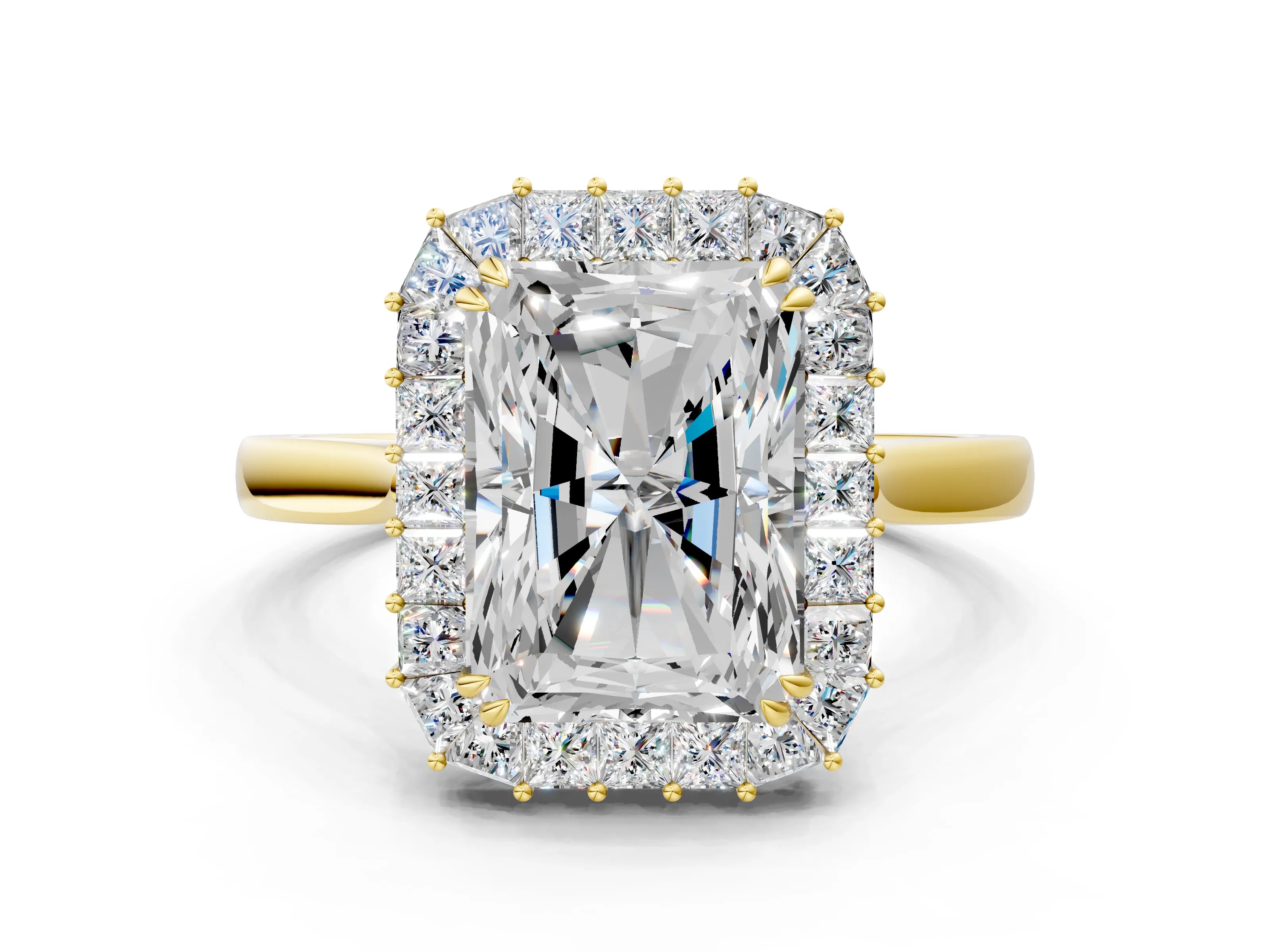 Yellow gold Radiant Diamond Baguette Halo Engagement Ring