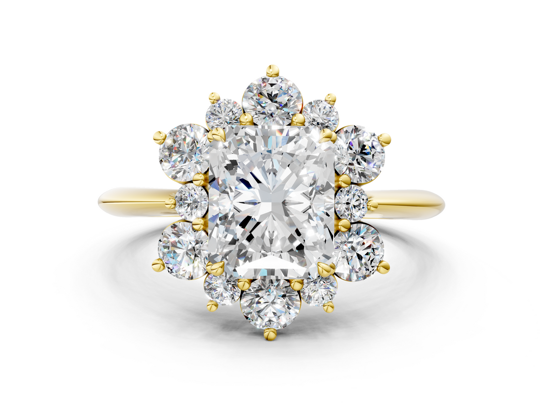 Yellow gold Radiant Diamond Cluster Halo Ring with Solitaire Band and Four-Prong Setting_20