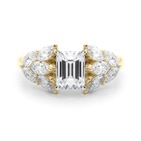 Yellow gold Radiant Diamond Cluster Leaf Design Ring with Prong Setting