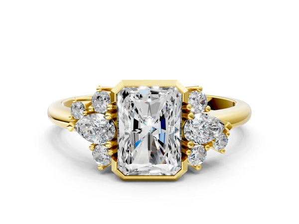 Yellow gold Radiant Diamond Engagement Ring with Pear and Round Side Stones