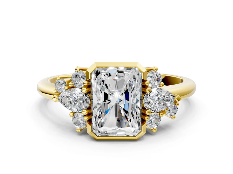 Yellow gold Radiant Diamond Engagement Ring with Pear and Round Side Stones