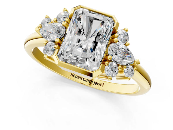 Yellow gold Radiant Diamond Engagement Ring with Pear and Round Side Stones