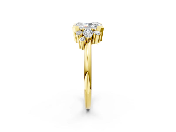 Yellow gold Radiant Diamond Engagement Ring with Pear and Round Side Stones