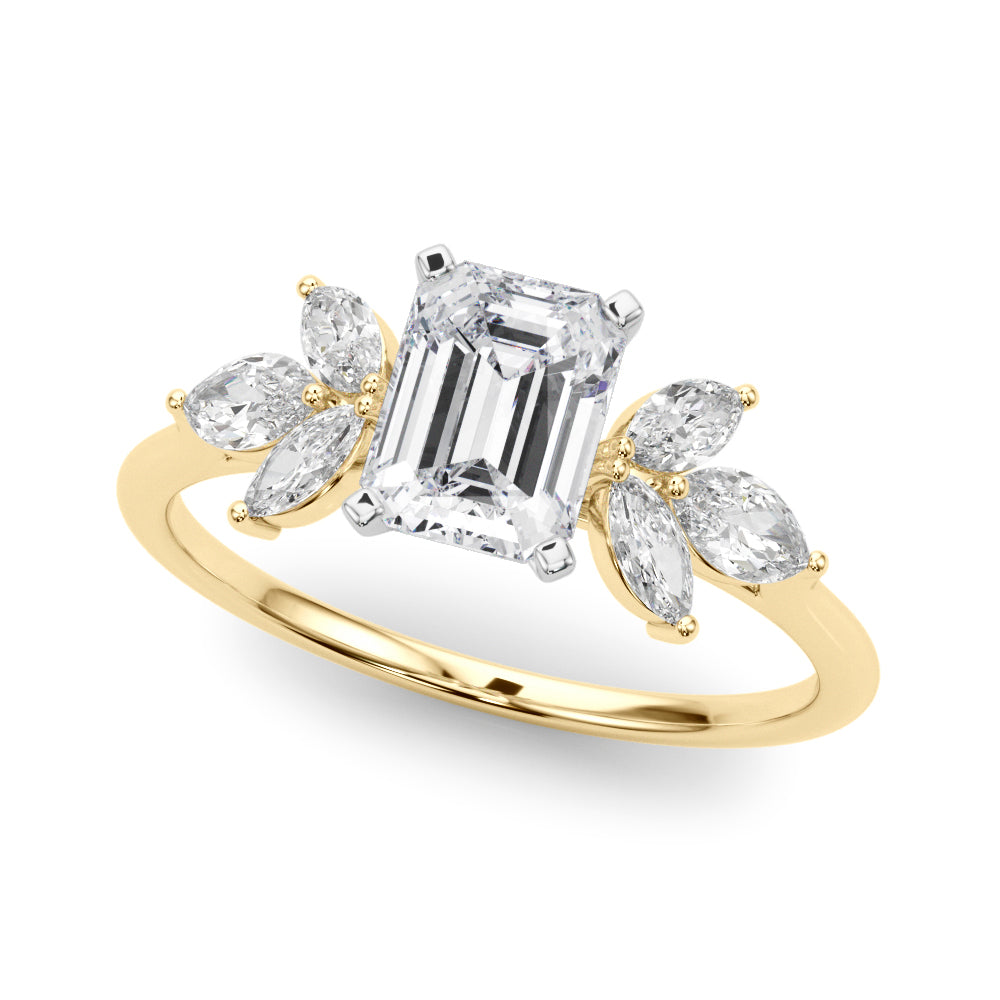 Yellow gold Radiant Diamond Floral Cluster Ring with Marquise Side Stones and Six-Prong Solitaire Setting 2