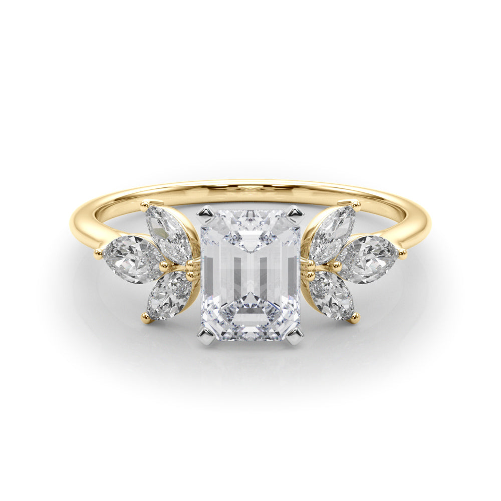 Yellow gold Radiant Diamond Floral Cluster Ring with Marquise Side Stones and Six-Prong Solitaire Setting