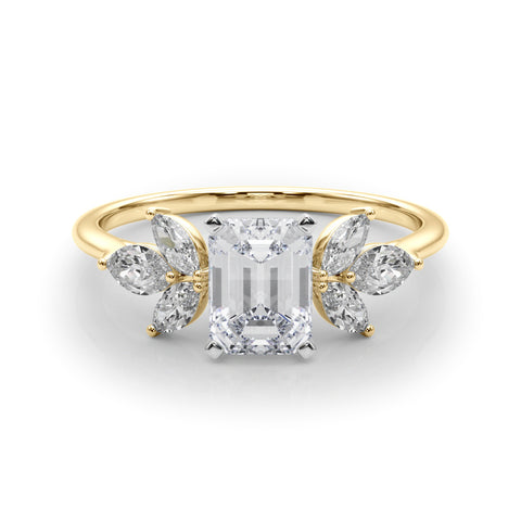 Yellow gold Radiant Diamond Floral Cluster Ring with Marquise Side Stones and Six-Prong Solitaire Setting