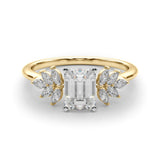 Yellow gold Radiant Diamond Floral Side Stone Solitaire with Marquise Accents and Four-Prong Setting