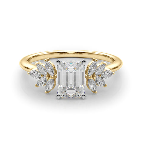 Yellow gold Radiant Diamond Floral Side Stone Solitaire with Marquise Accents and Four-Prong Setting