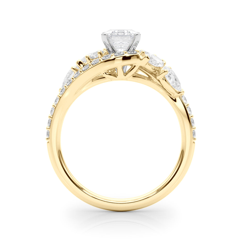 Yellow gold Radiant Diamond Halo Ring with Marquise and Pavé Band in Prong Setting 1