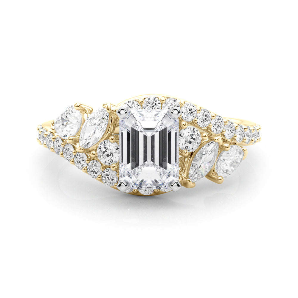 Yellow gold Radiant Diamond Halo Ring with Marquise and Pavé Band in Prong Setting