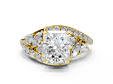 Yellow gold Radiant Diamond Halo Ring with Marquise and Pavé Band in Prong Setting_92