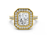 Yellow gold Radiant Diamond Halo Ring with Milgrain Frame and Pavé Band_59