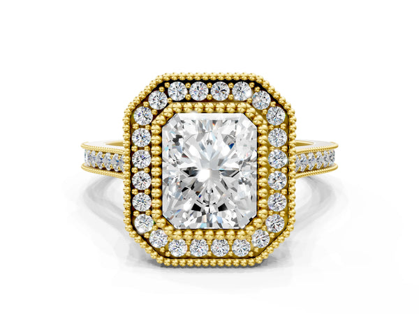 Yellow gold Radiant Diamond Halo Ring with Milgrain Frame and Pavé Band