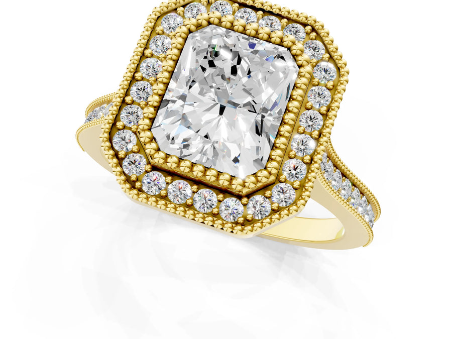 Yellow gold Radiant Diamond Halo Ring with Milgrain Frame and Pavé Band
