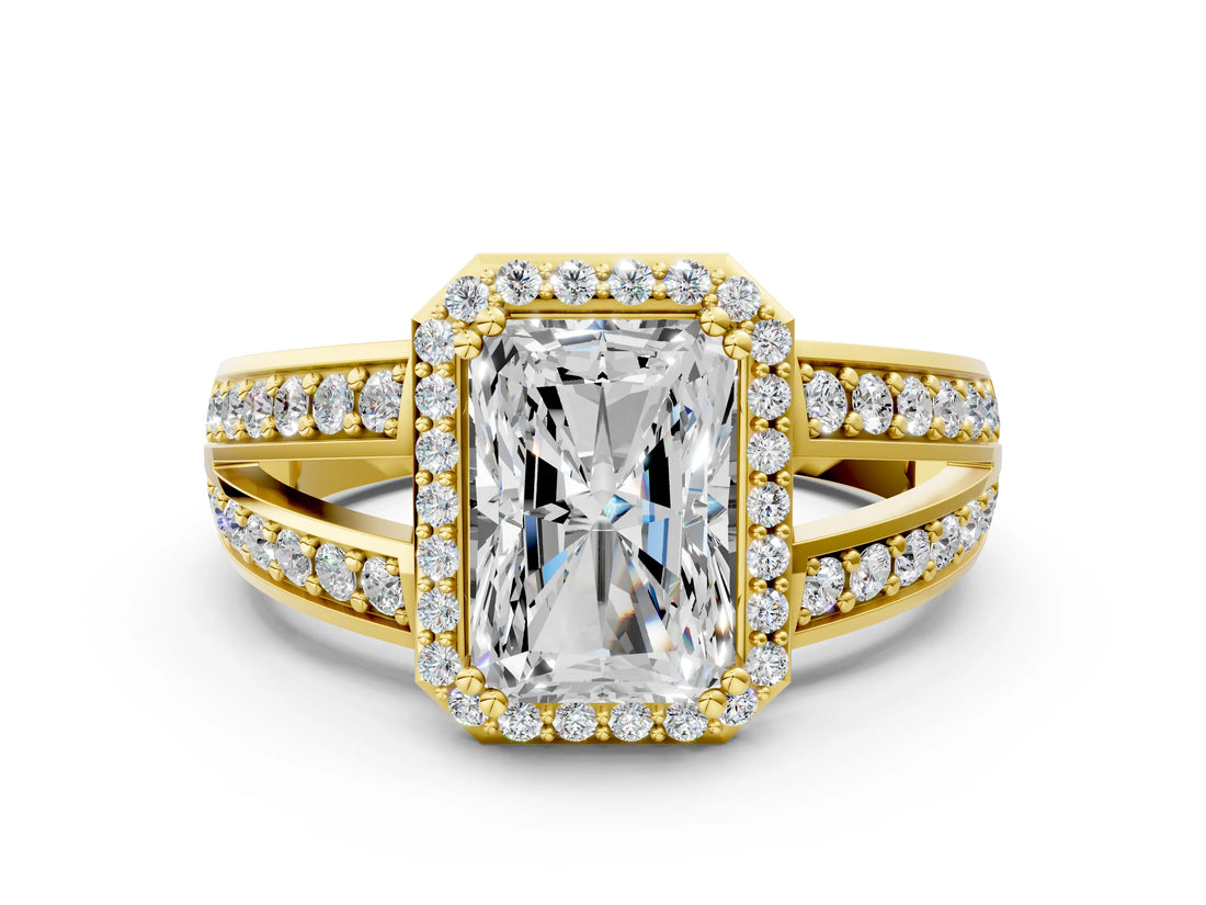 Yellow gold Radiant Diamond Halo Ring with Split Shank Pavé Band and Four-Prong Setting_6