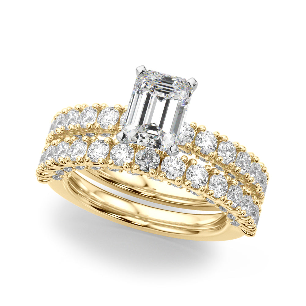 Yellow gold Radiant Diamond Pavé Band Solitaire Ring with Four-Prong Setting