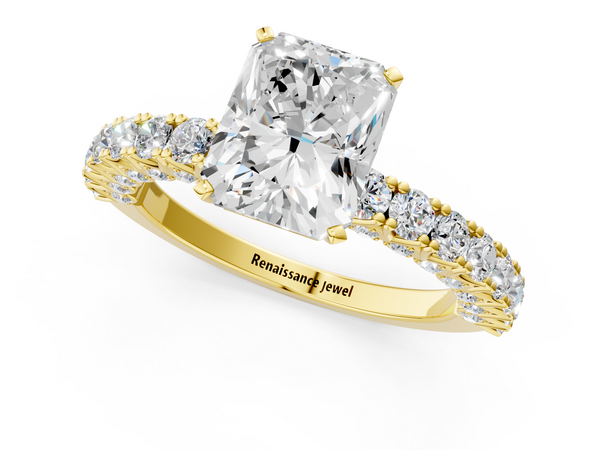 Yellow gold Radiant Cut Diamond Pavé Band Solitaire Ring with Prong Setting