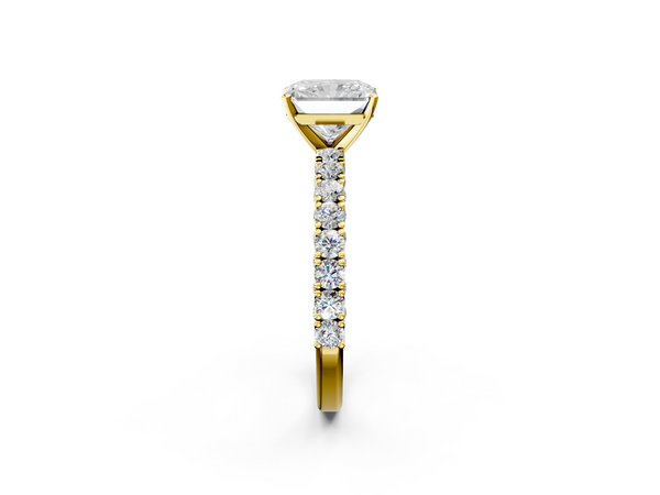 Yellow gold Radiant Cut Diamond Pavé Band Solitaire Ring with Prong Setting