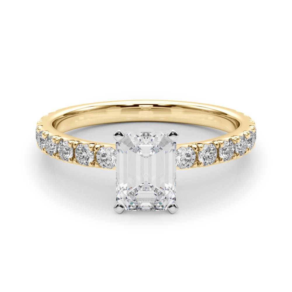 Yellow gold Radiant Diamond Pavé Band Solitaire with Four-Prong Setting
