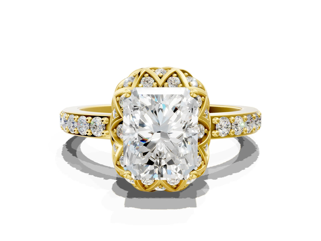 Yellow gold Radiant Diamond Solitaire Ring with Shared Prong Pavé Band_53