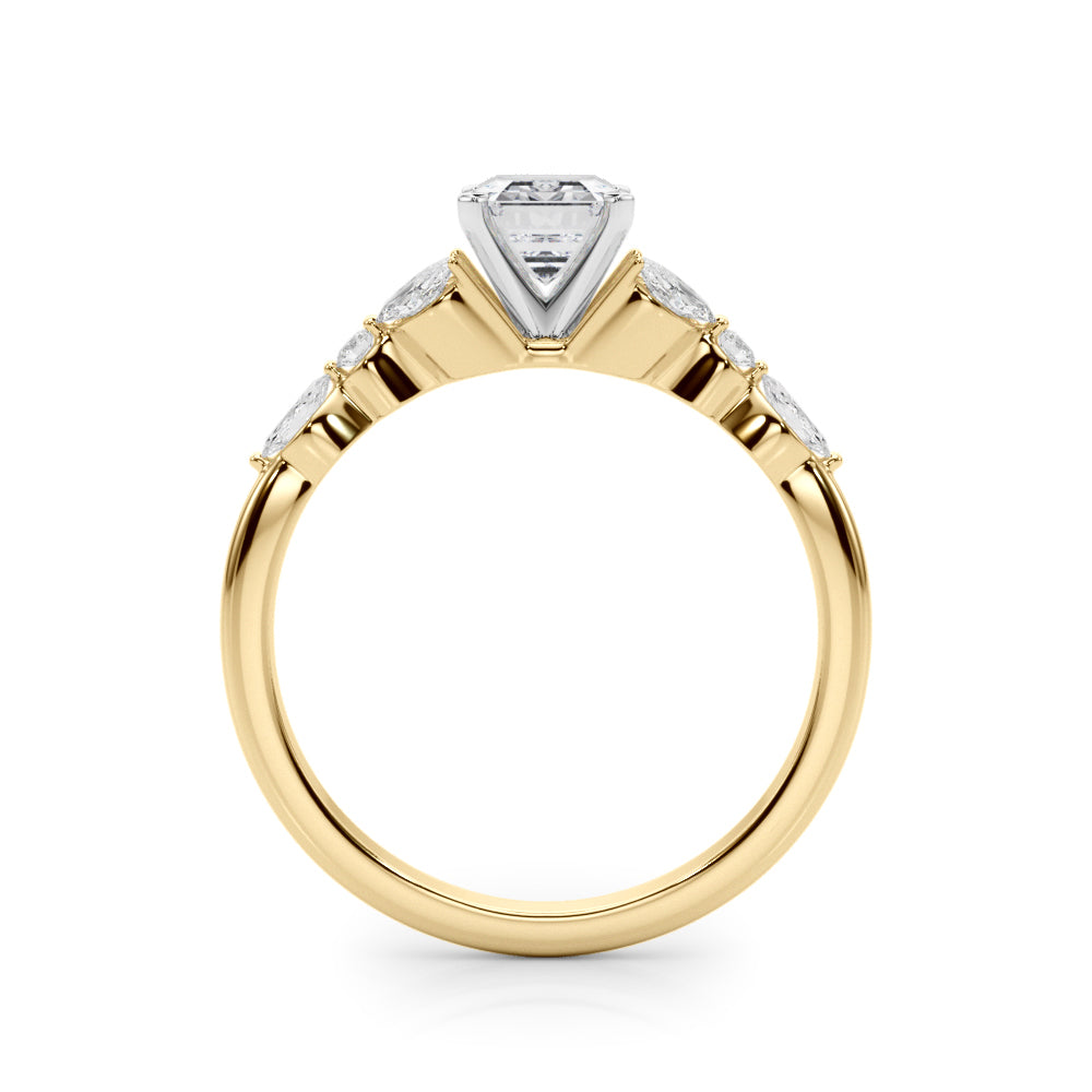 Yellow gold Radiant Diamond Solitaire with Side Stones on a White Gold Band and Four-Prong Setting 1