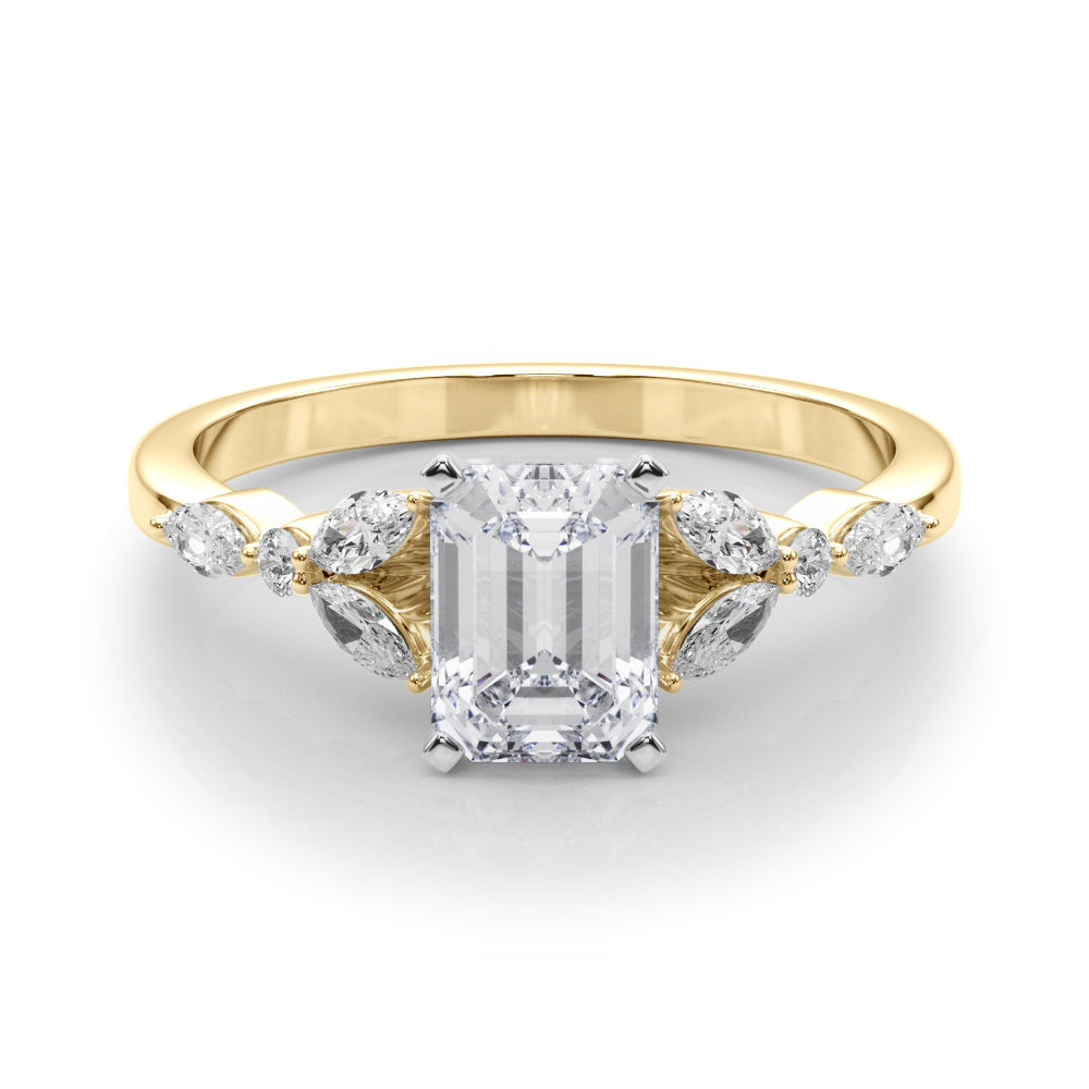 Yellow gold Radiant Diamond Solitaire with Side Stones on a White Gold Band and Four-Prong Setting