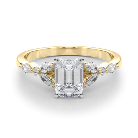 Yellow gold Radiant Diamond Solitaire with Side Stones on a White Gold Band and Four-Prong Setting