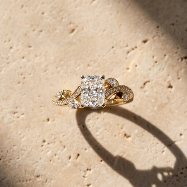 Yellow gold Radiant Diamond Swirl Band with Prong Setting