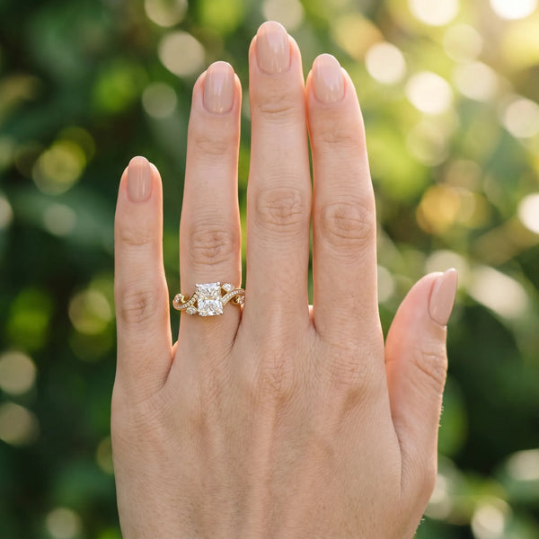 Yellow gold Radiant Diamond Swirl Band with Prong Setting
