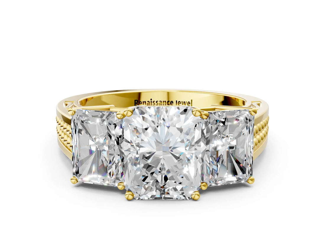 Yellow gold Radiant Diamond Three-Stone Ring with Prong Setting and Textured Band_18