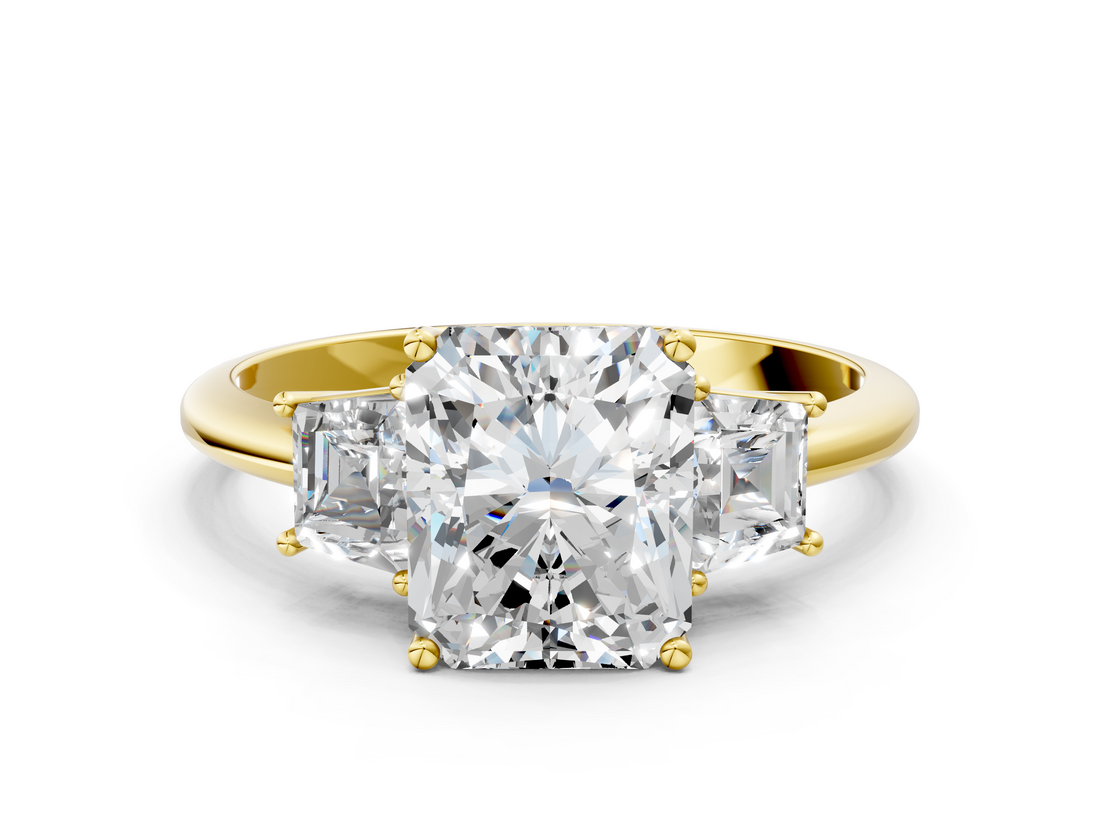 Yellow gold Radiant Diamond Three-Stone Ring with Trapezoid Side Stones and Prong Setting_23