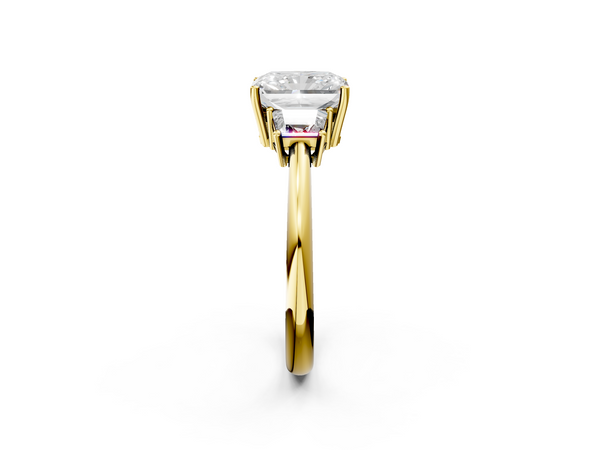 Yellow Gold Radiant Cut Three Stone Engagement Ring Setting with Trapezoid Side Stones