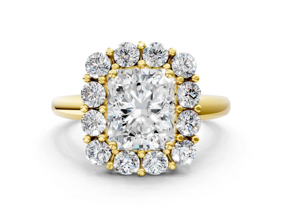 Yellow gold Radiant Halo Cluster Diamond Engagement Ring with Prong Setting and Polished Band