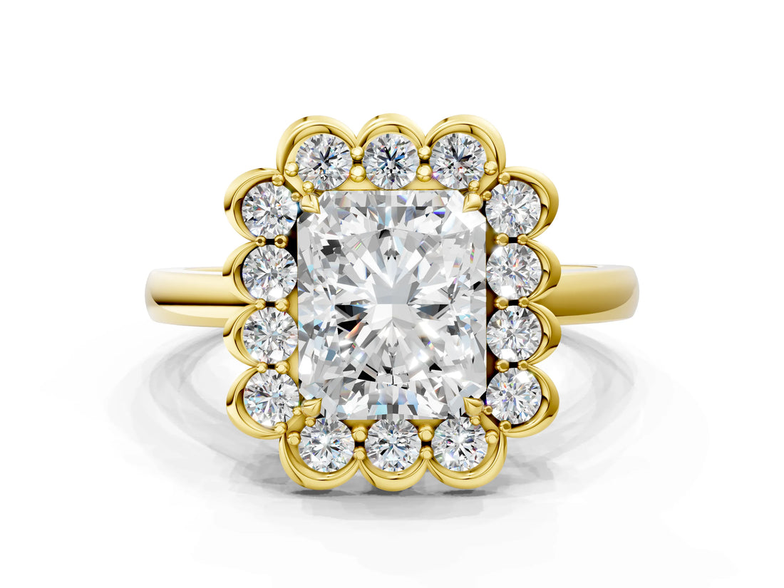 Yellow gold Radiant Halo Cluster Diamond Engagement Ring with Solitaire Band and Prong Setting_49