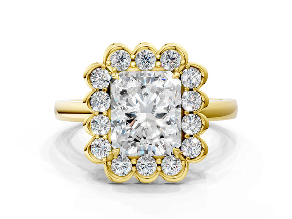 Yellow gold Radiant Halo Cluster Diamond Engagement Ring with Solitaire Band and Prong Setting