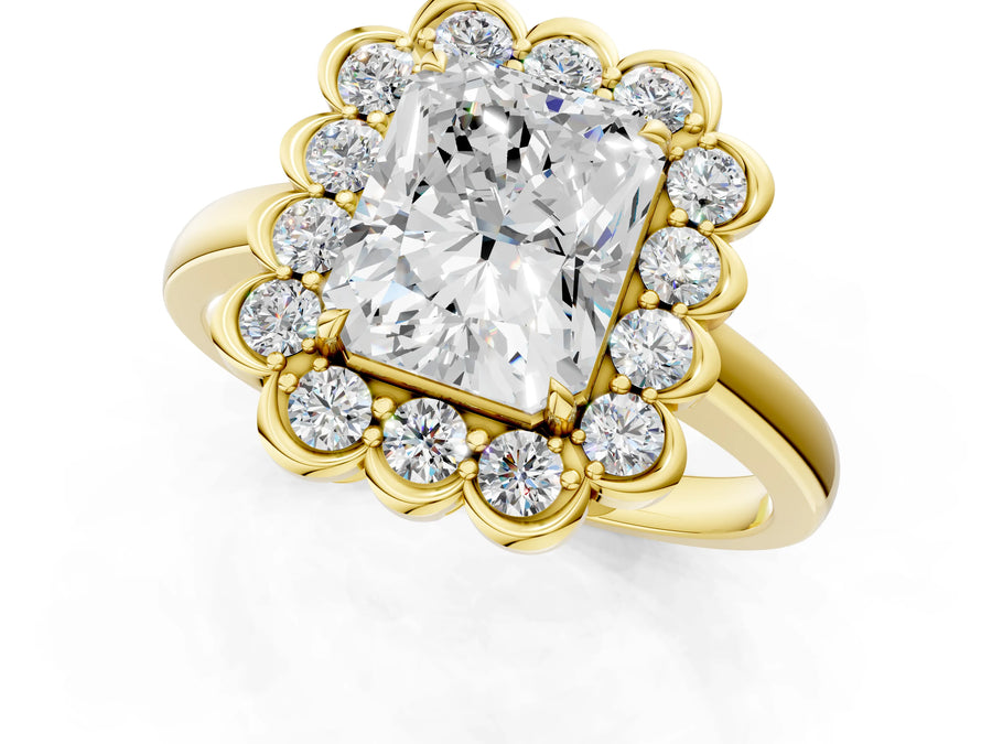 Yellow gold Radiant Halo Cluster Diamond Engagement Ring with Solitaire Band and Prong Setting