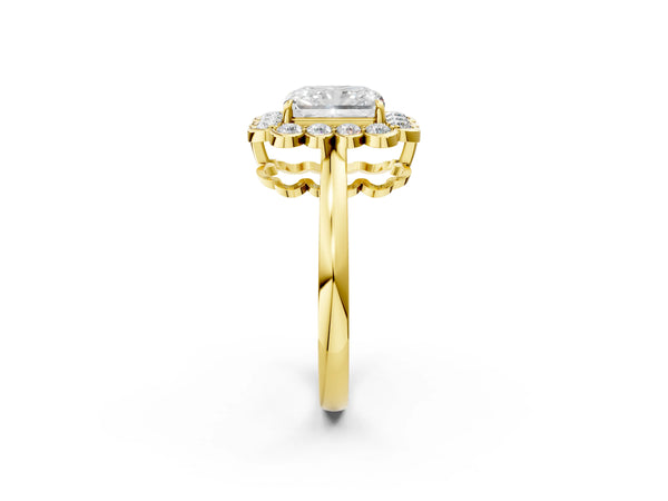 Yellow gold Radiant Halo Cluster Diamond Engagement Ring with Solitaire Band and Prong Setting